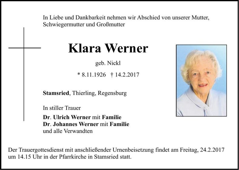 Traueranzeige Klara Werner