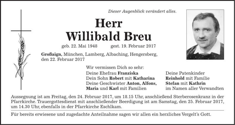 Traueranzeige Willibald Breu