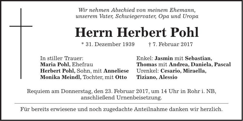 Traueranzeige Herbert Pohl