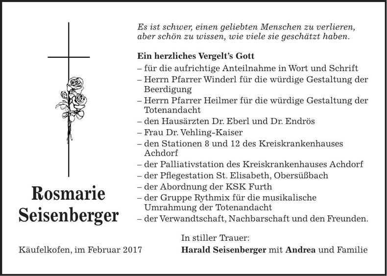Traueranzeige Rosmarie Seisenberger