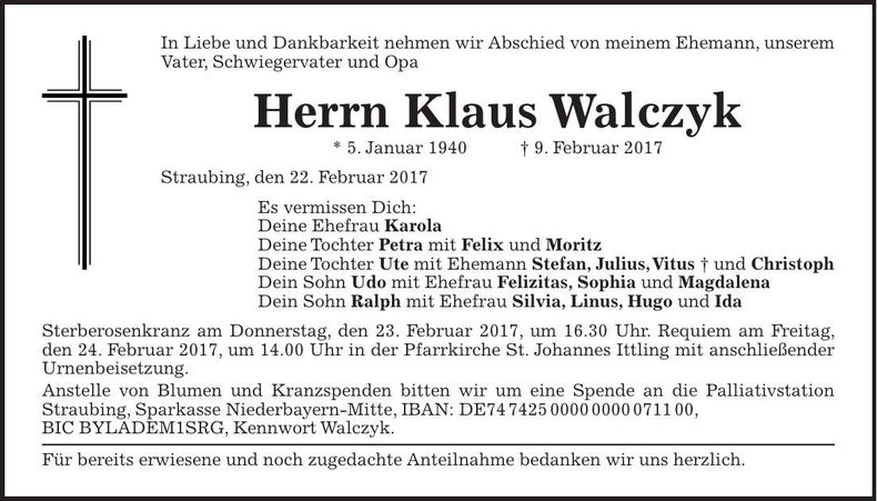 Traueranzeige Klaus Walczyk