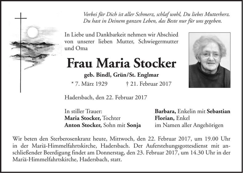 Traueranzeige Maria Stocker