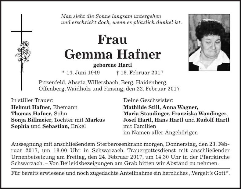 Traueranzeige Gemma Hafner