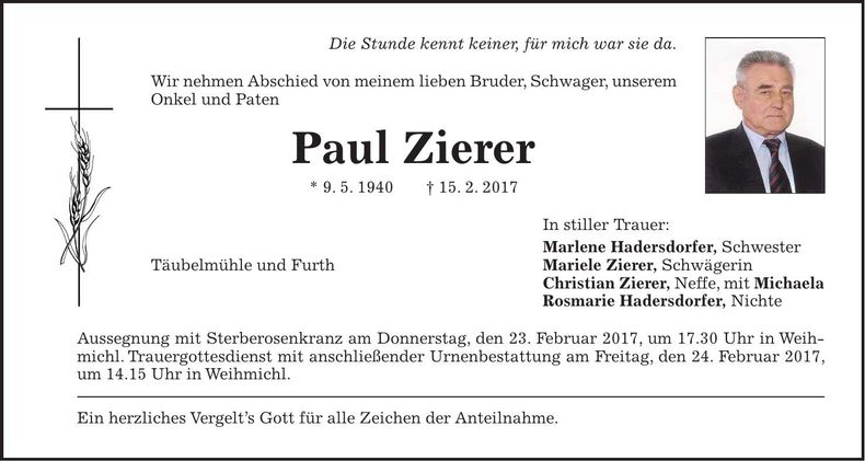 Traueranzeige Paul Zierer