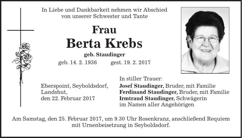 Traueranzeige Berta Krebs