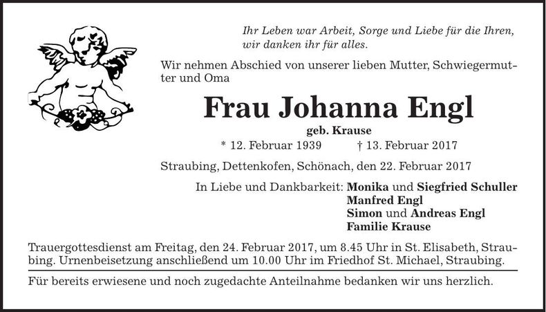 Traueranzeige Johanna Engl