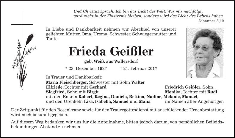 Traueranzeige Frieda Geißler
