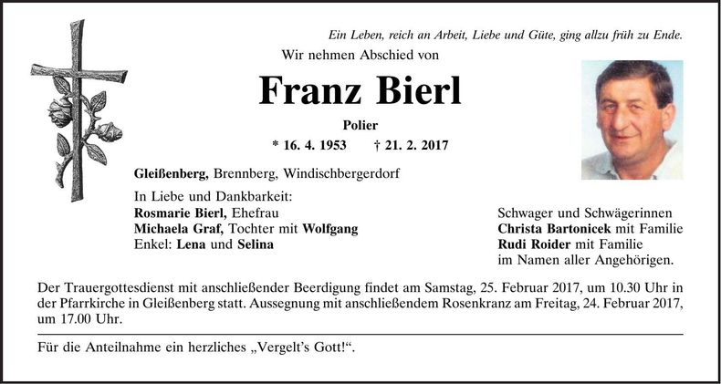 Traueranzeige Franz Bierl