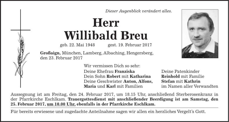 Traueranzeige Willibald Breu
