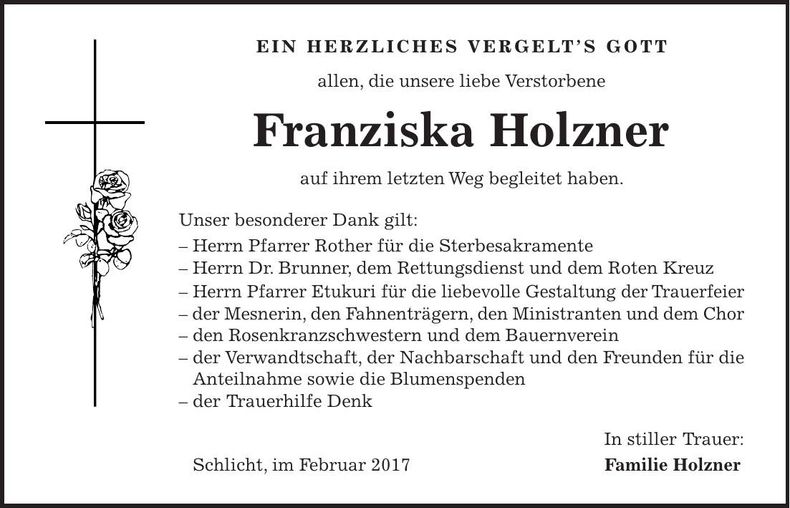 Traueranzeige Franziska Holzner