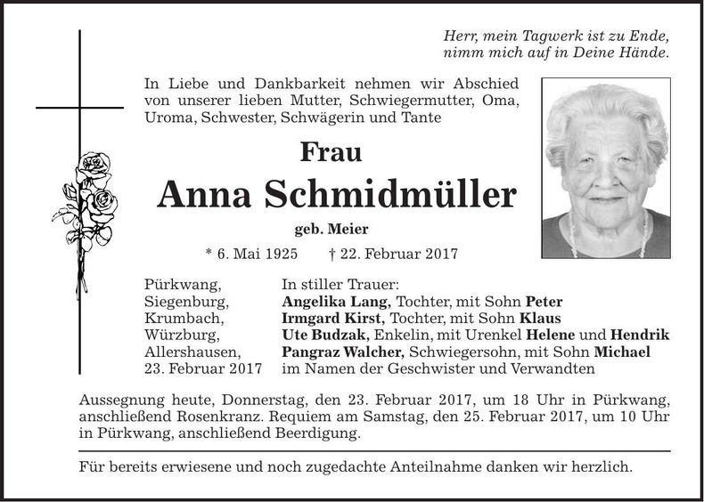 Traueranzeige Anna Schmidmüller
