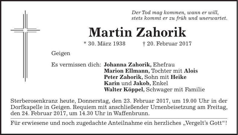 Traueranzeige Martin Zahorik