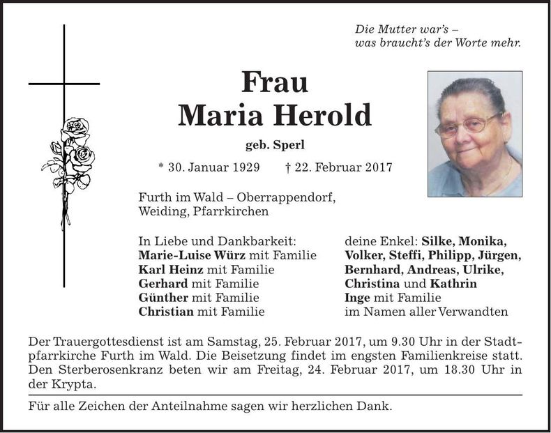 Traueranzeige Maria Herold
