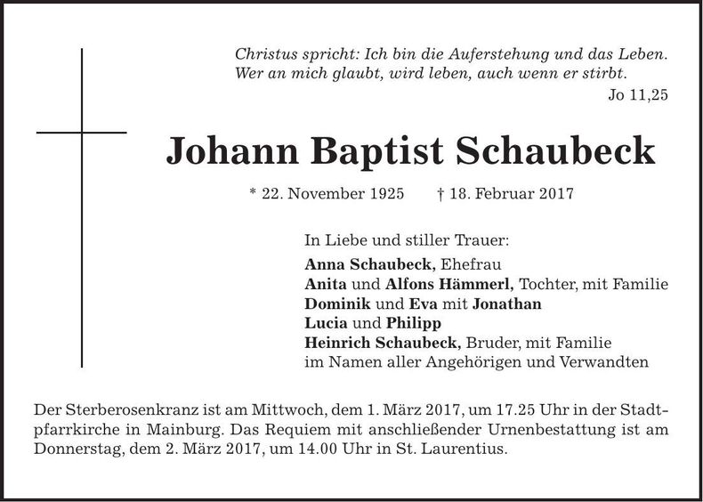 Traueranzeige Johann Baptist Schaubeck