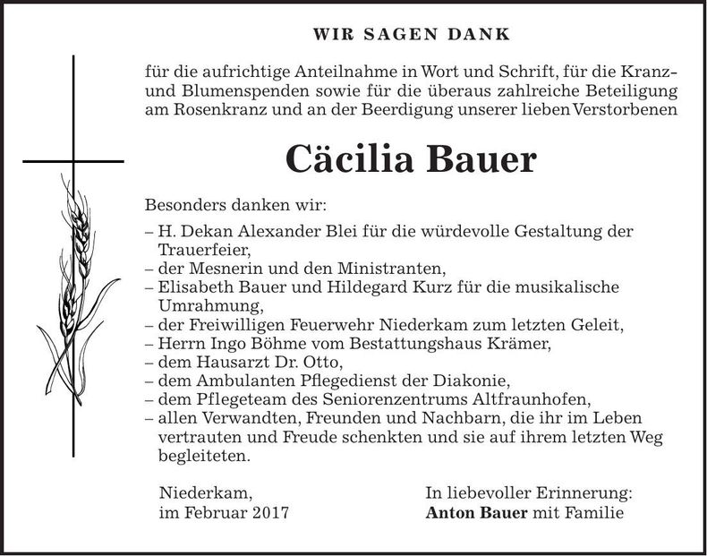 Traueranzeige Cäcilia Bauer