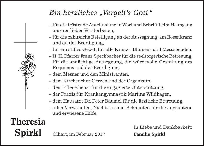 Traueranzeige Theresia Spirkl