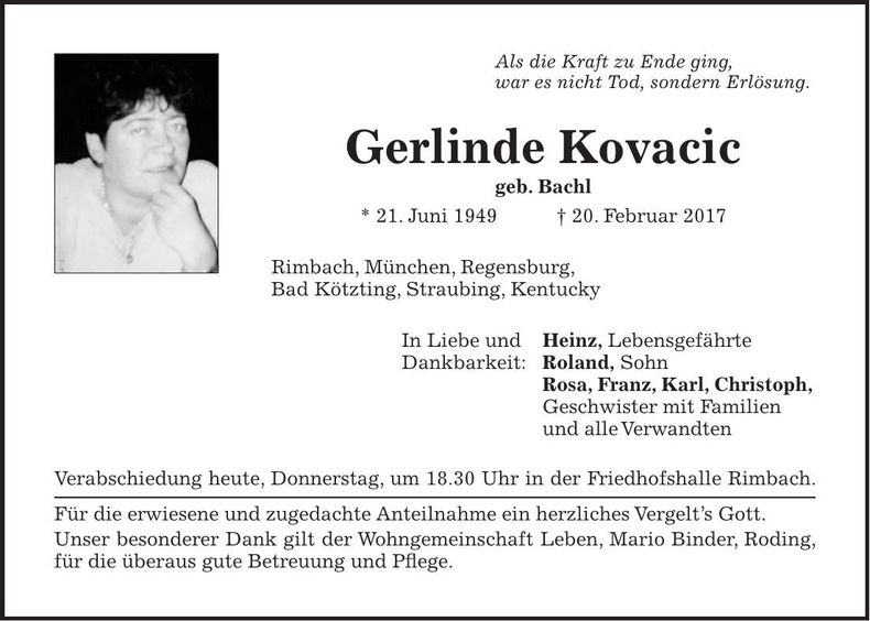 Traueranzeige Gerlinde Kovacic