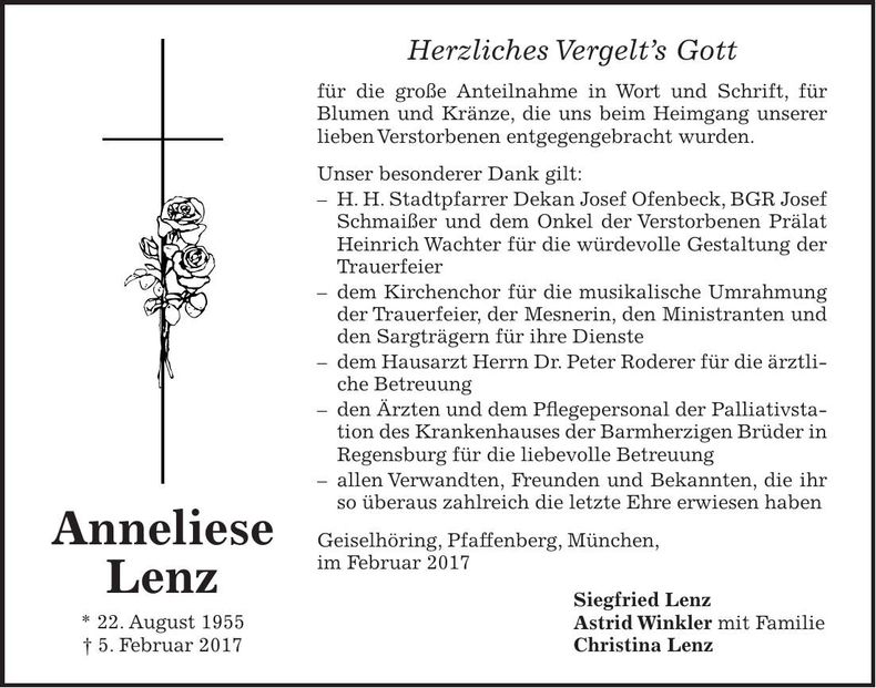 Traueranzeige Anneliese Lenz