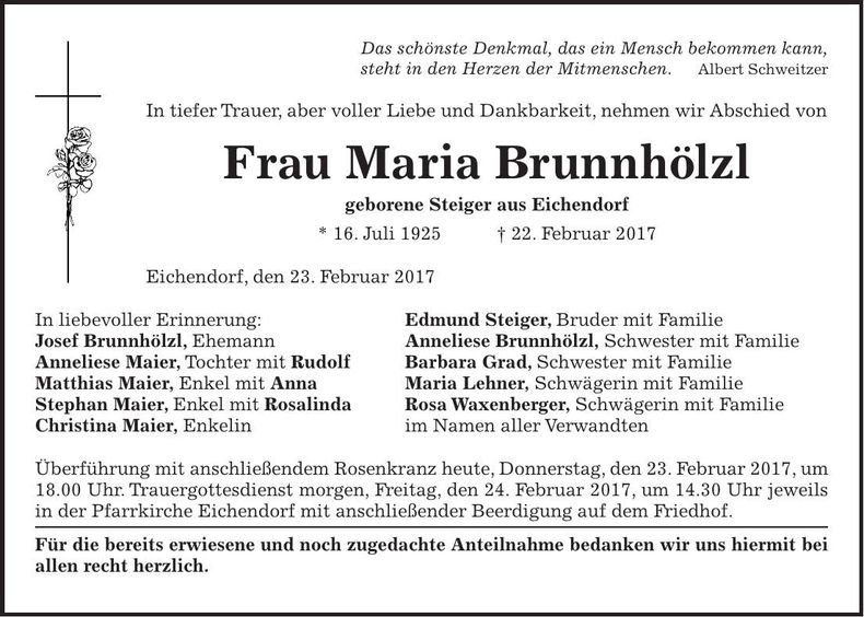 Traueranzeige Maria Brunnhölzl
