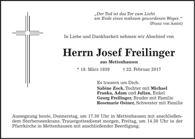 Traueranzeige Josef Freilinger
