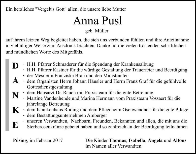 Traueranzeige Anna Pusl