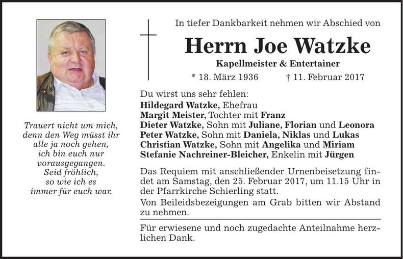 Traueranzeige Joe Watzke