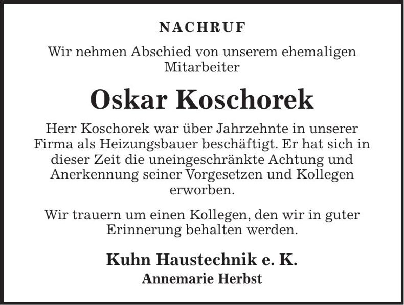 Traueranzeige Oskar Koschorek