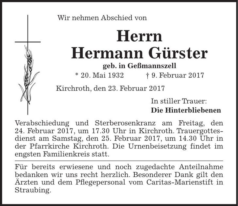 Traueranzeige Hermann Gürster