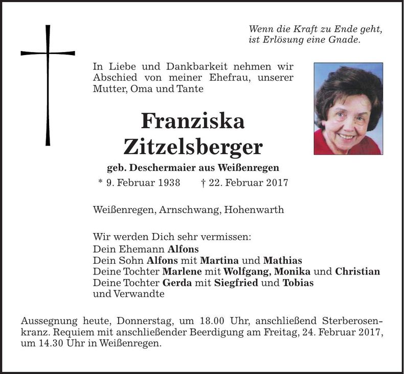 Traueranzeige Franziska Zitzelsberger