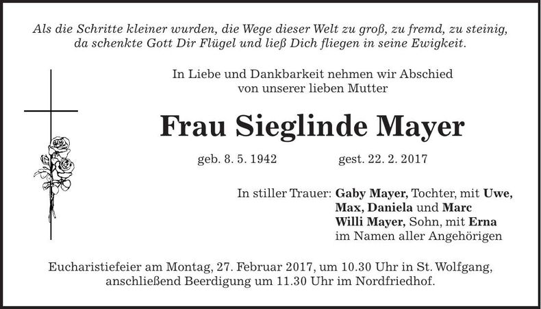 Traueranzeige Sieglinde Mayer