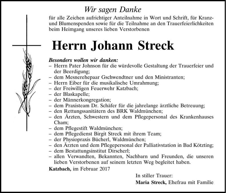 Traueranzeige Johann Streck
