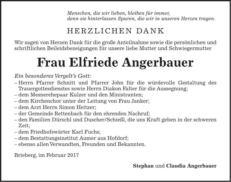 Traueranzeige Elfriede Angerbauer