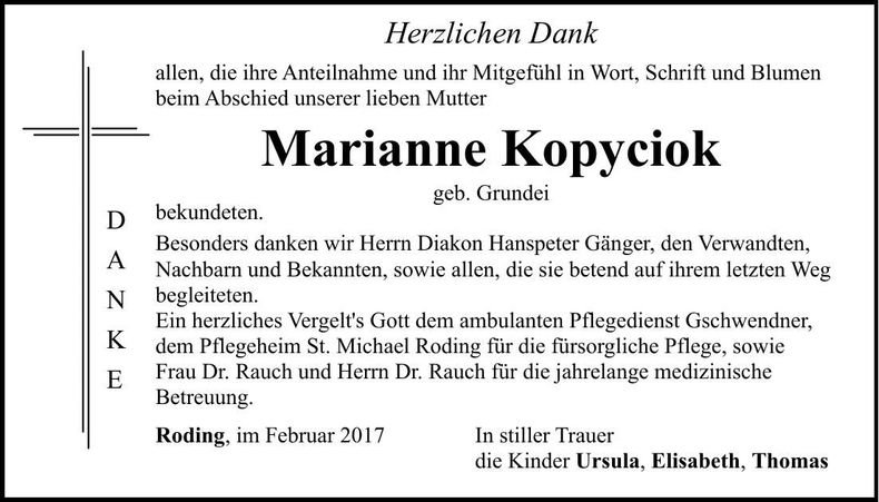 Traueranzeige Marianne Kopyciok