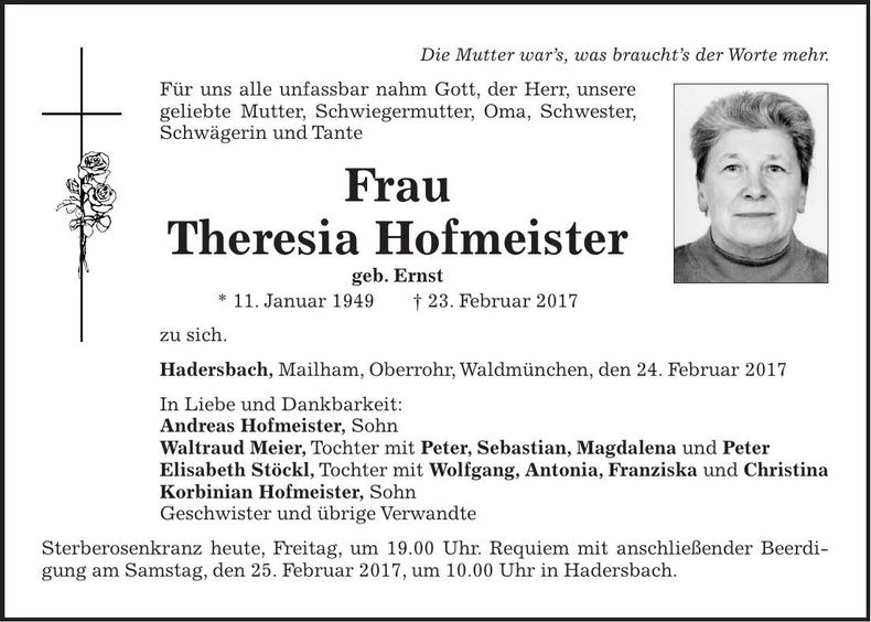 Traueranzeige Theresia Hofmeister