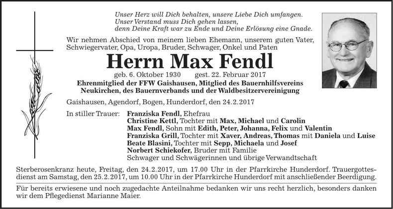 Traueranzeige Max Fendl