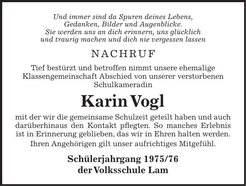 Traueranzeige Karin Vogl