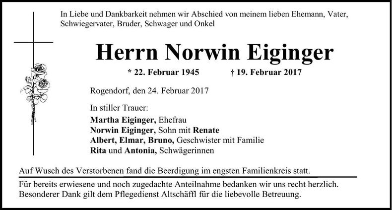 Traueranzeige Norwin Eiginger