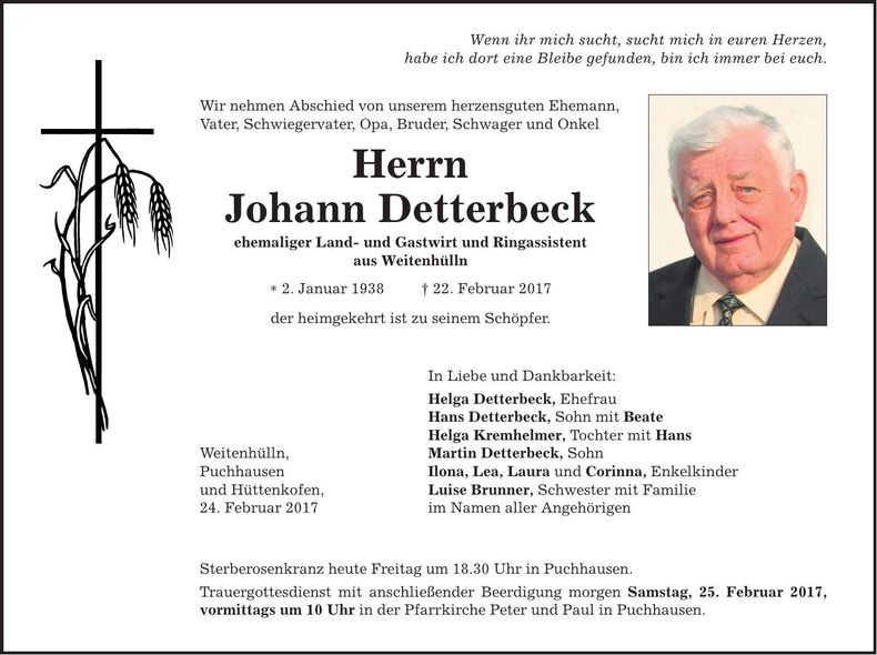 Traueranzeige Johann Detterbeck