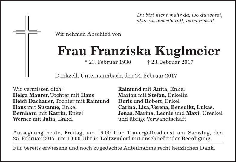 Traueranzeige Franziska Kuglmeier