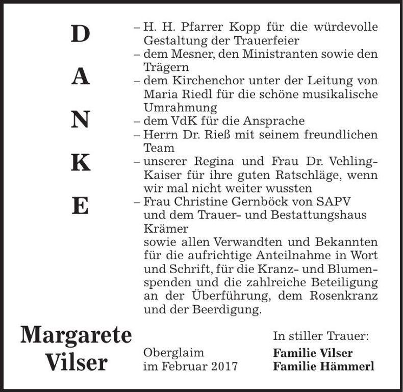Traueranzeige Margarete Vilser