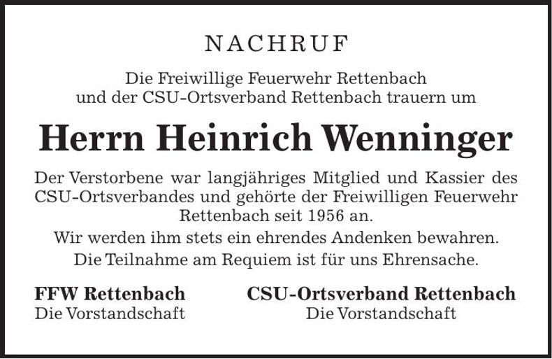 Traueranzeige Heinrich Wenninger