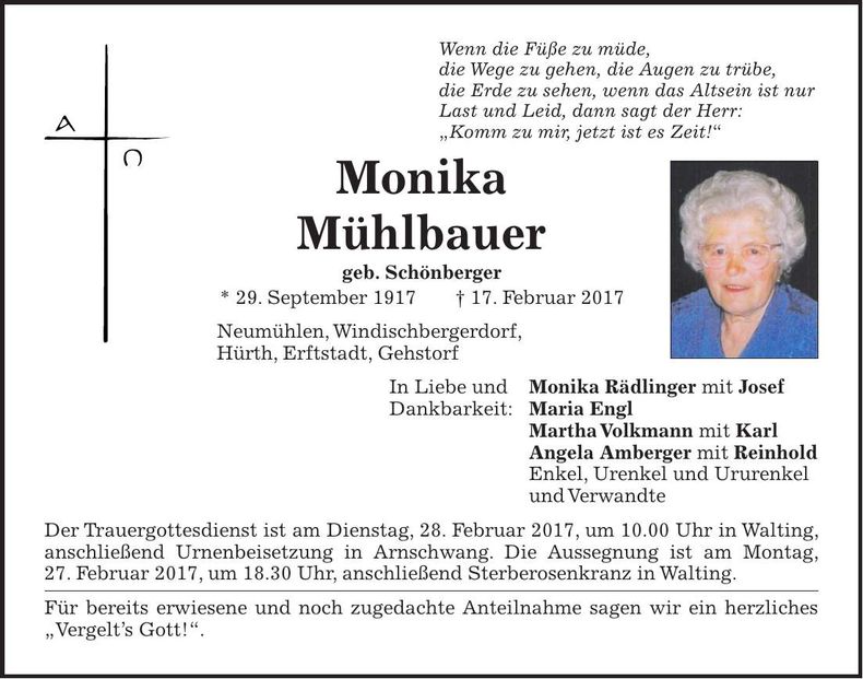 Traueranzeige Monika Mühlbauer