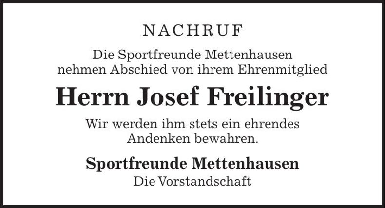 Traueranzeige Josef Freilinger