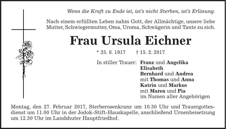 Traueranzeige Ursula Eichner