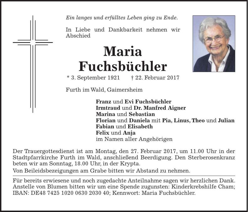 Traueranzeige Maria Fuchsbüchler
