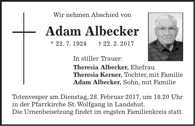 Traueranzeige Adam Albecker