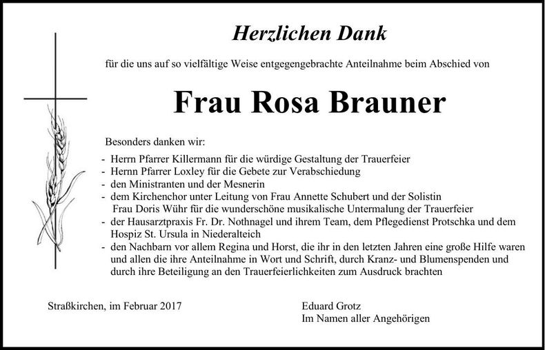 Traueranzeige Rosa Brauner