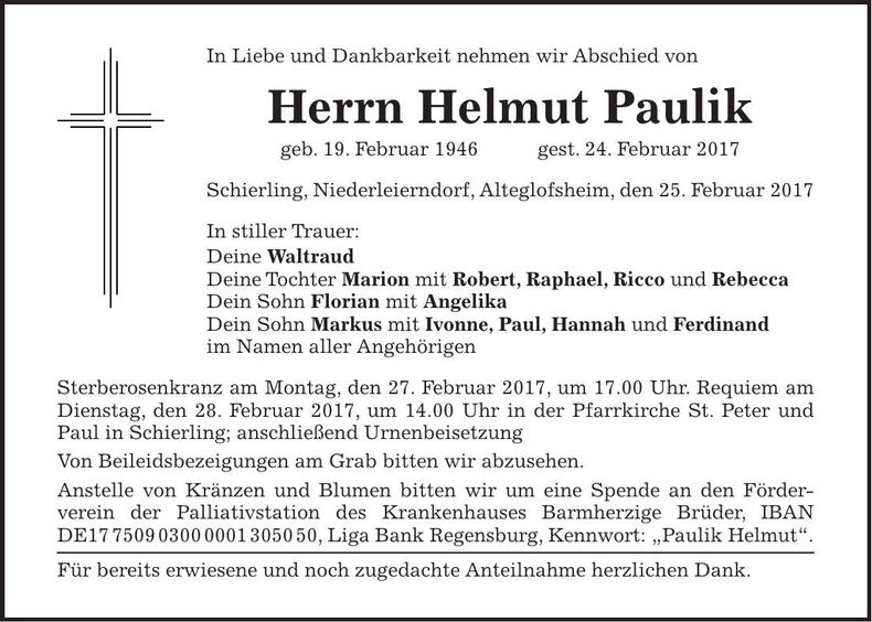 Traueranzeige Helmut Paulik
