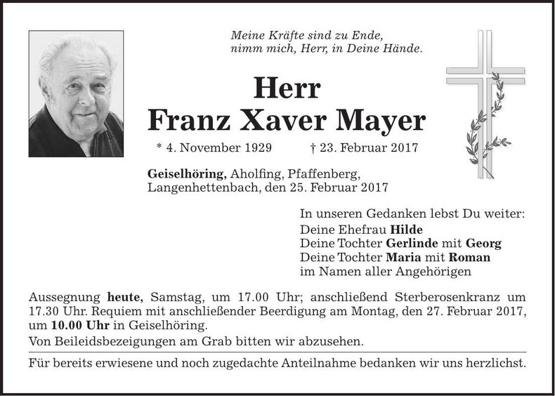 Traueranzeige Franz Xaver Mayer