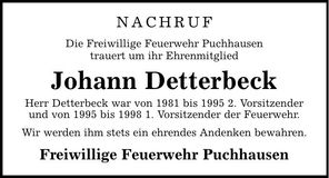 Traueranzeige Johann Detterbeck